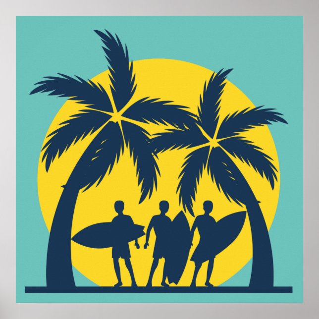 Poster Soleil surf et palmiers surf cool (Devant)