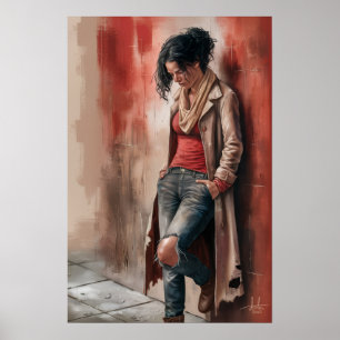 Poster Solitude urbaine : Figure contre le mur rouge