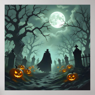 Poster Sombre Halloween nuit Éffrayant cimetière paysage