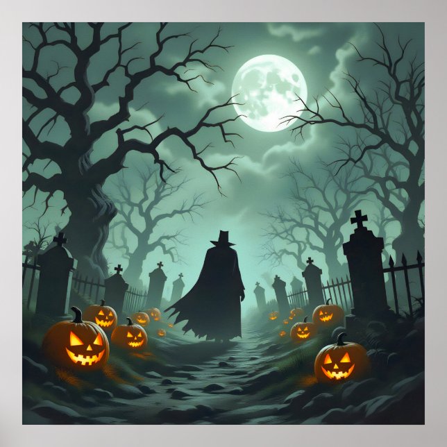Poster Sombre Halloween nuit Éffrayant cimetière paysage (Devant)