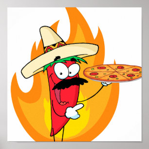 Poster Sombrero Chile Pepper Holding Pizza