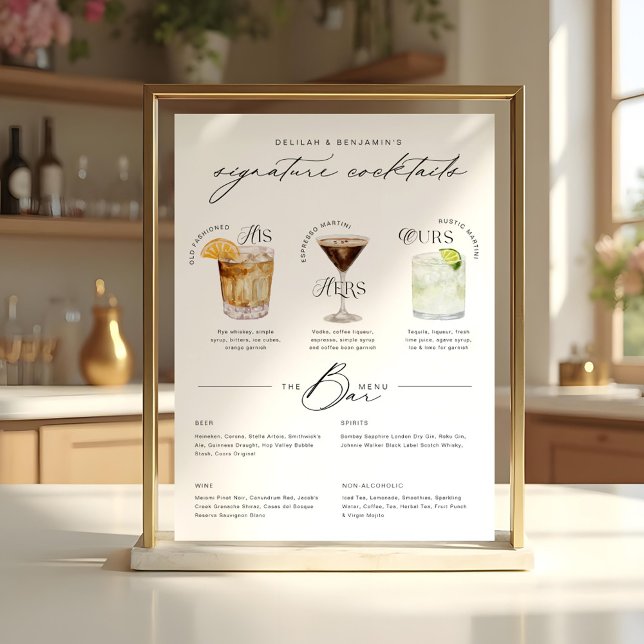 Poster Son Ours & Ses Aquarelle Signature Cocktail Menu (His Ours & Hers Watercolor Signature Cocktail Menu Poster)