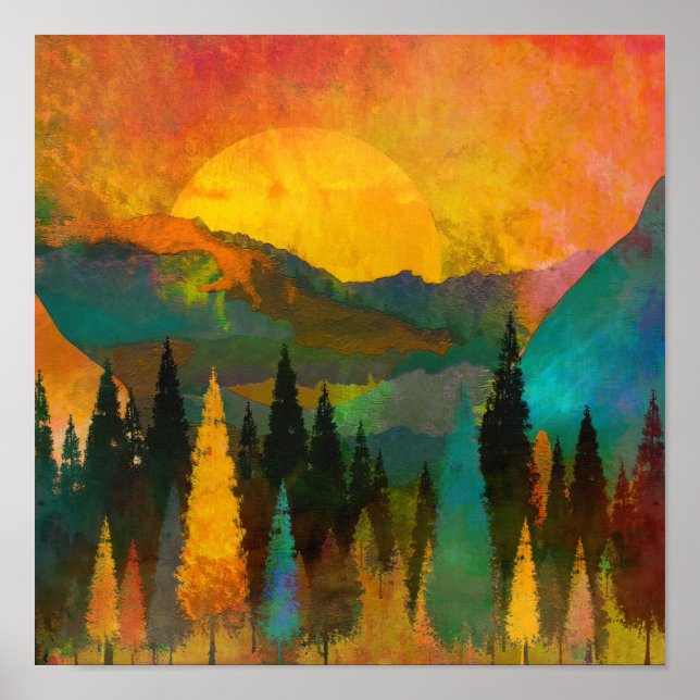 Poster Sonnenuntergang in den Bergen - Buntes Aquarell (Devant)