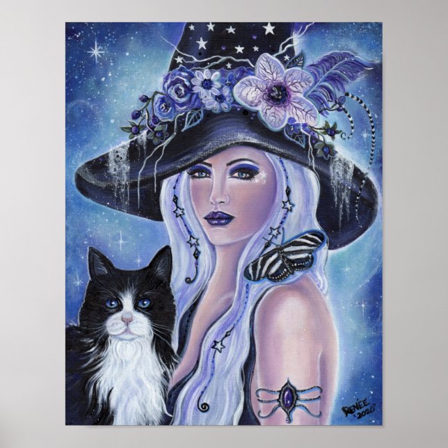 Poster Sorcière avec tuxedo cat art par Renee L. Lavoie (Devant)