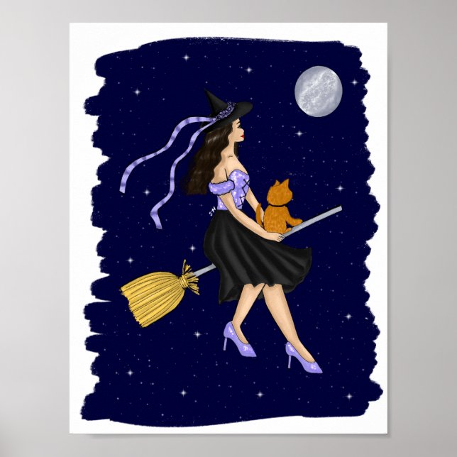 Poster Sorcière avec un chat orange sur un Broomstick (Devant)