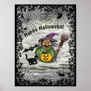 Poster Sorcière, Chat, Chauve-souris et Citrouille, Bonne
