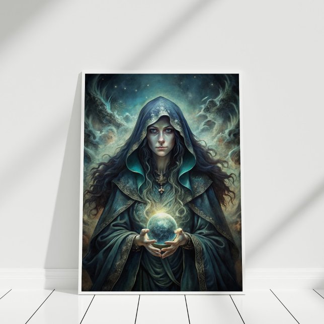 Poster Sorcière de lune foncée - Cristal Vision Wall Art (Dark Moon Witch – Crystal Vision Wall Art in a white frame)