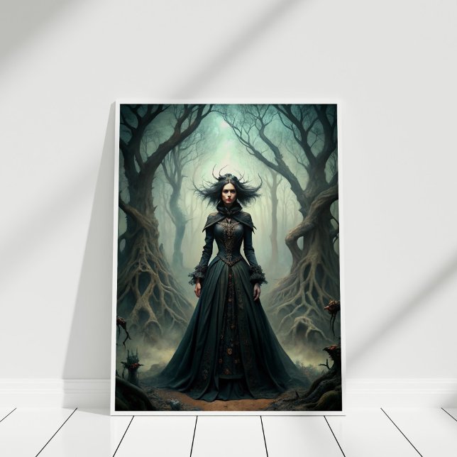 Poster Sorcière de lune foncée - Forêt Queen Wall Art (Dark Moon Witch – Forest Queen Wall Art in a white frame.)