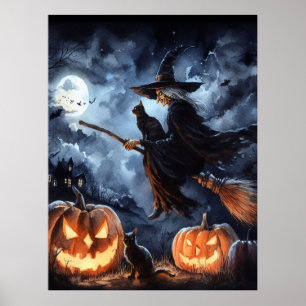 Poster Sorcière d'Halloween avec chambre et chat