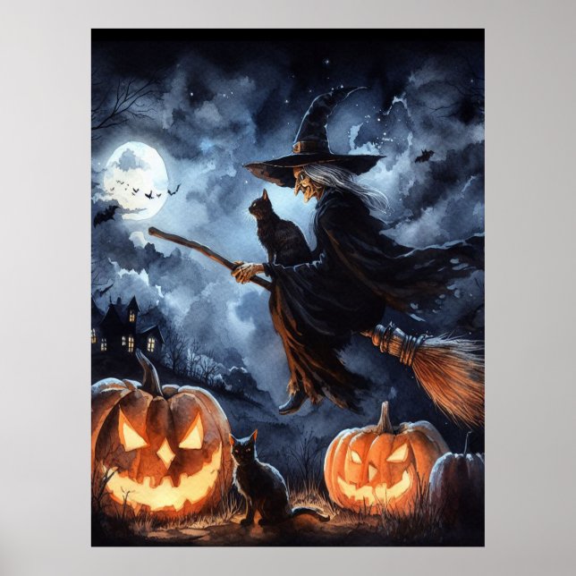 Poster Sorcière d'Halloween avec chambre et chat (Devant)