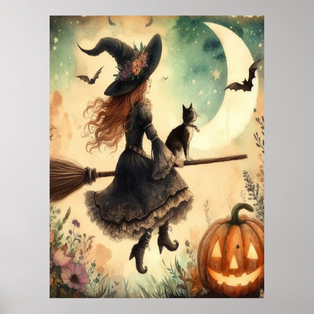 Poster Sorcière d'Halloween avec chambre et chat (Devant)