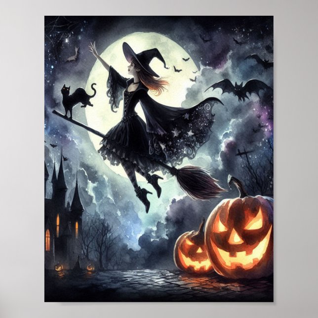 Poster Sorcière d'Halloween avec chambre et chat (Devant)