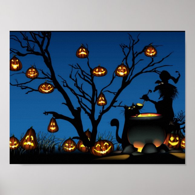 Poster Sorcière d'Halloween avec citrouille (Devant)