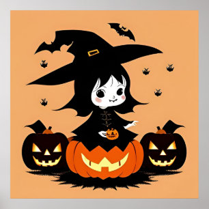 Poster Sorcière d'Halloween avec citrouilles