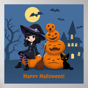 Poster Sorcière d'Halloween, chat noir et citrouilles