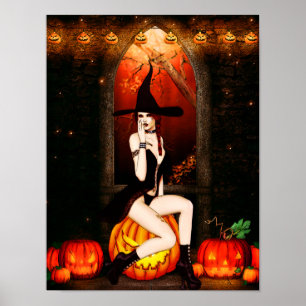 Poster Sorcière d'Halloween et citrouille