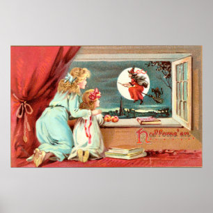 Poster Sorcière d'Halloween vintage avec Broomstick