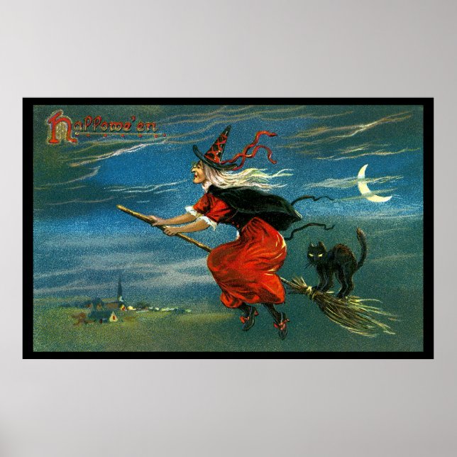 Poster Sorcière d'Halloween volante avec chat (Devant)
