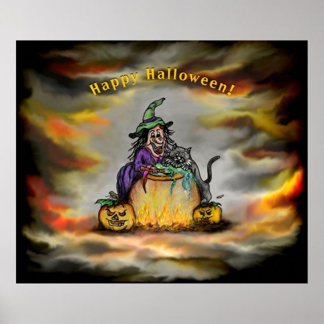 Poster Sorcière et chat noir, Happy Halloween ! (Devant)