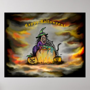 Poster Sorcière et chat noir, Joyeux Halloween !
