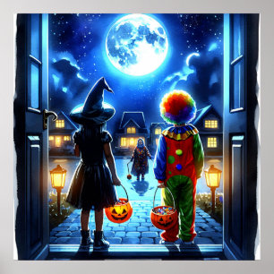 Poster Sorcière et clown regardant un Halloween monstre