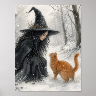 Poster Sorcière fantastique et chat roux dans la forêt hi
