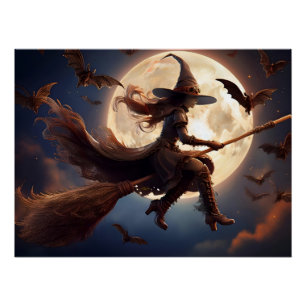 Poster Sorcière Steampunk Halloween Vol au Clair de Lune