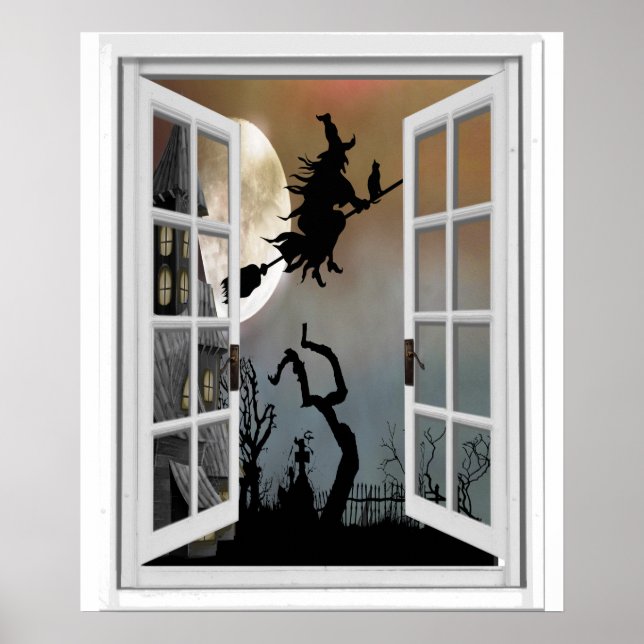 Poster Sorcière Sur Broomstick Fenêtre Afficher Halloween (Devant)