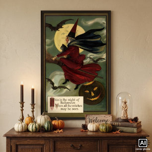 Poster Sorcière vintage Halloween chevauchant un balai av