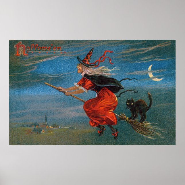 Poster Sorcière volant avec chat noir la nuit d'Halloween (Devant)