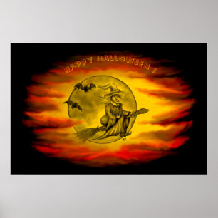 Poster Sorcière volante avec chat noir, nuit halloween