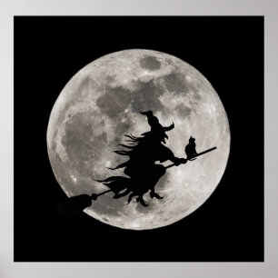 Poster Sorcière volante avec une lune brillante derrière 