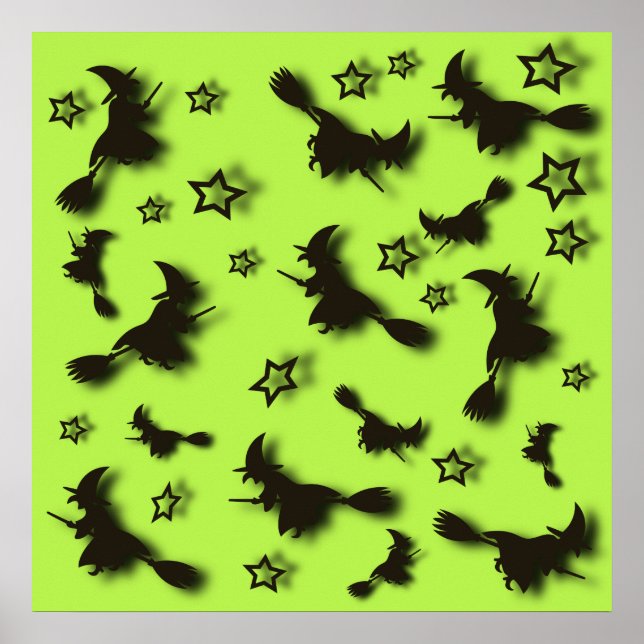 Poster Sorcière volante parmi les étoiles à Halloween nui (Devant)