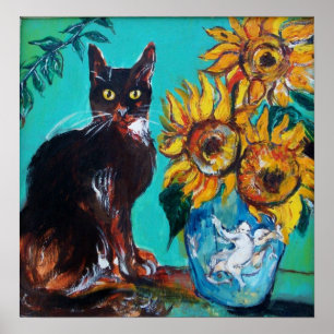 POSTER SOUCHES AVEC CHAT NOIR EN TURQUOISE BLEUE