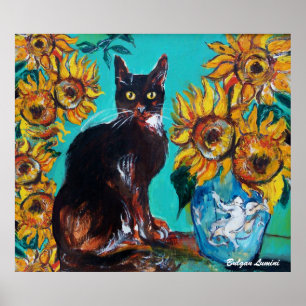 POSTER SOUCHES AVEC CHAT NOIR EN TURQUOISE BLEUE