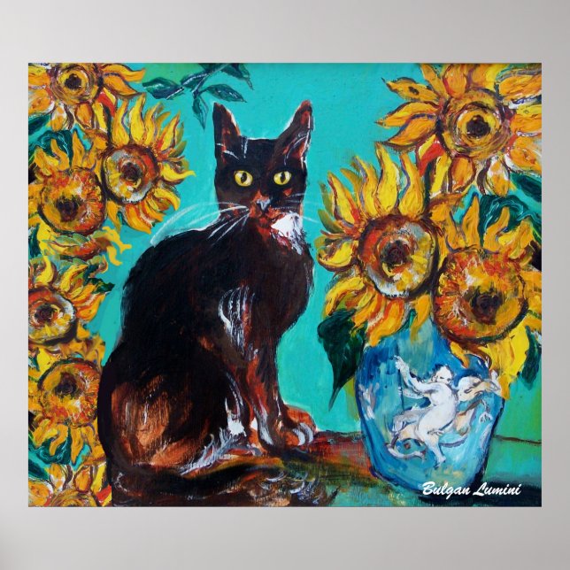 POSTER SOUCHES AVEC CHAT NOIR EN TURQUOISE BLEUE (Devant)