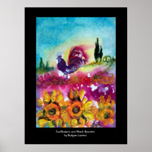 POSTER SOUFFRANCES, POPIES ET ROOSTER NOIR