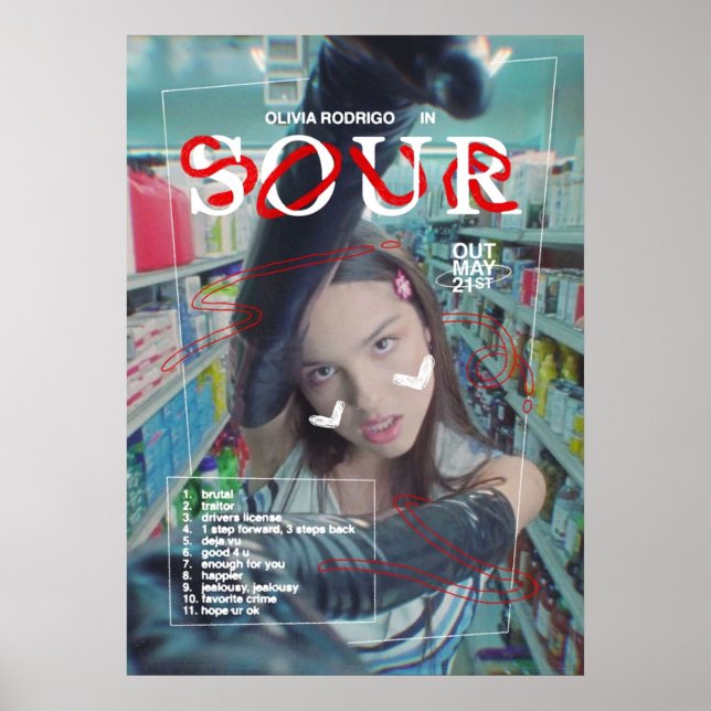 Poster SOUR par Olivia Rodrigo musique ft drivers licence (Devant)