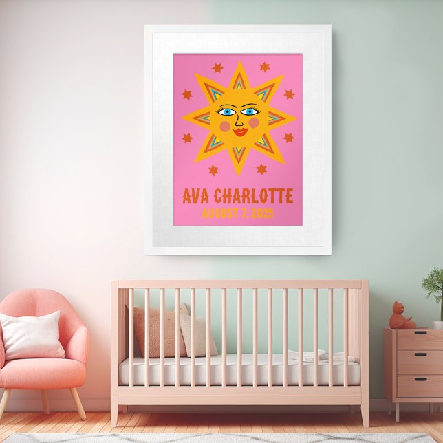 Poster Sourire Retro Sun CUSTOM NOM DE BÉBÉ NAISSANCE Art (Smiling Boho Retro Sun CUSTOM BABY NAME BIRTHDATE Art Poster
)