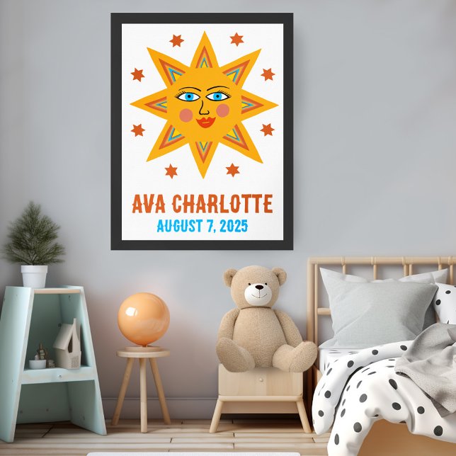 Poster Sourire Retro Sun CUSTOM NOM DE BÉBÉ NAISSANCE Art (Smiling Retro Boho Sun CUSTOM BABY NAME BIRTHDATE Art Poster
)