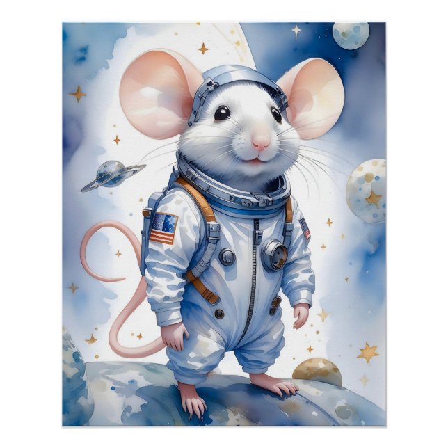 Poster Souris adorable en costume astronaute dans l'espac (Devant)