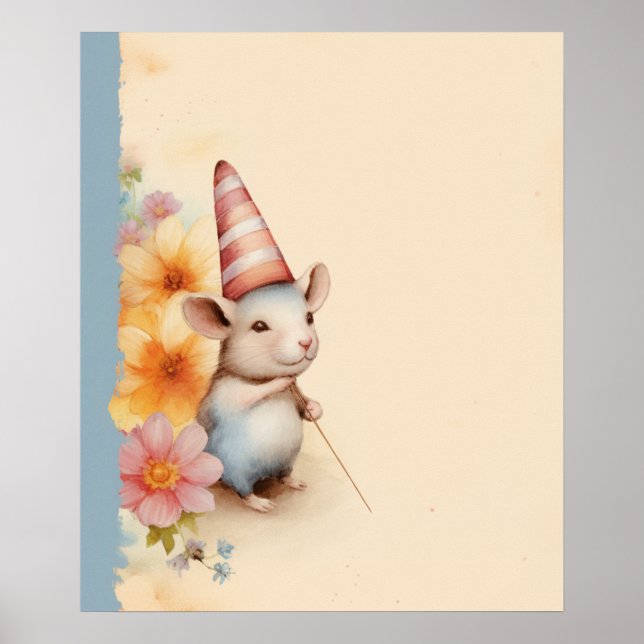 Poster Souris aux fleurs rose orangé casquette rayé (Devant)