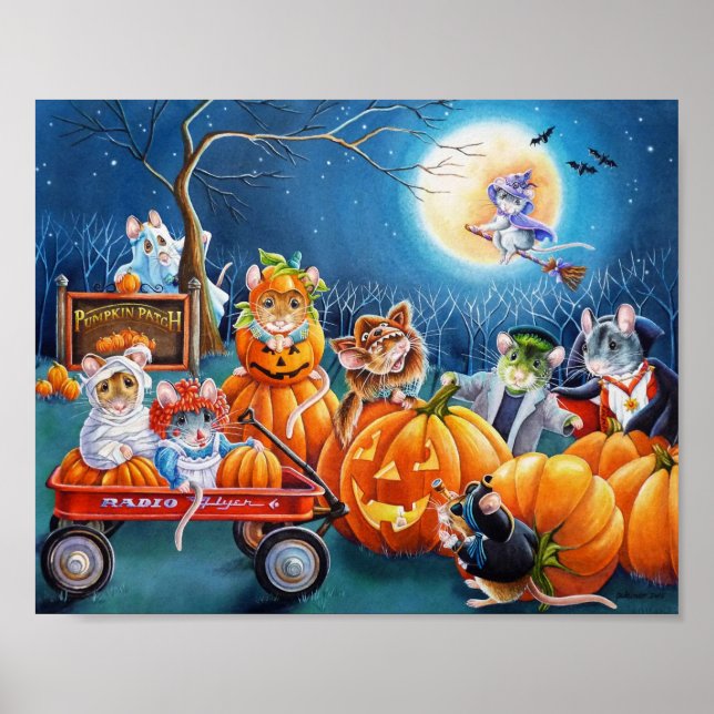 Poster Souris d'Halloween en aquarelle Citrouille 8x10 (Devant)