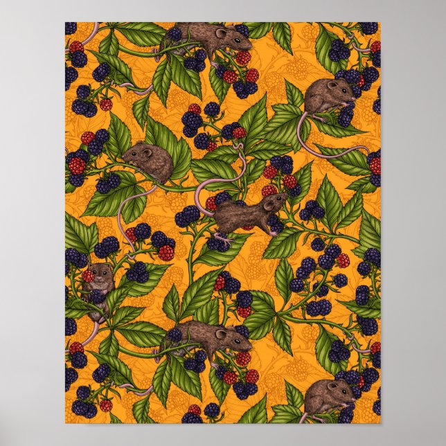 Poster Souris et mûres sur jaune (Devant)