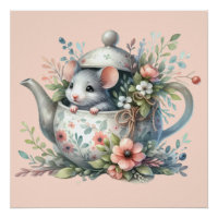 Souris Mignonne dans une Théière Florale Illustrat