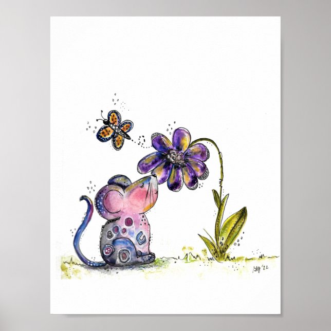Poster Souris mignonne et capricieuse et fleurs (Devant)