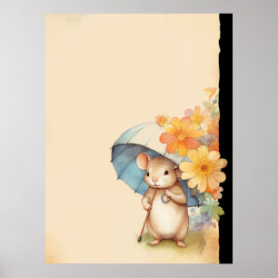 Poster Souris parapluie mignon fleurs orange papier vieux