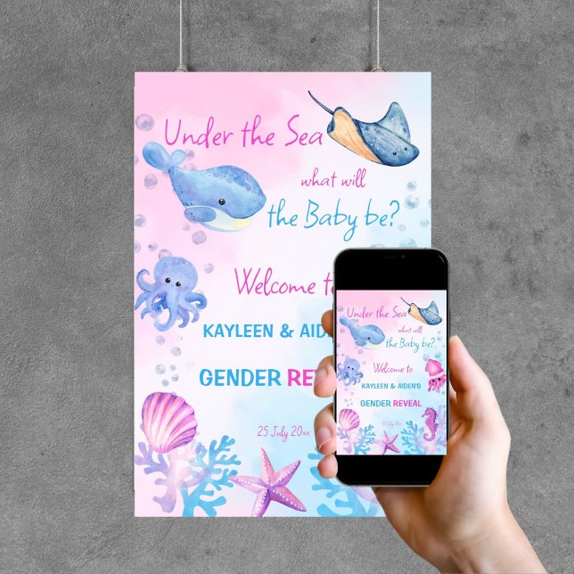 Poster Sous la mer, le genre révèle le signe de bienvenue (Under the sea gender reveal party welcome sign poster template digital download cute pink and blue)