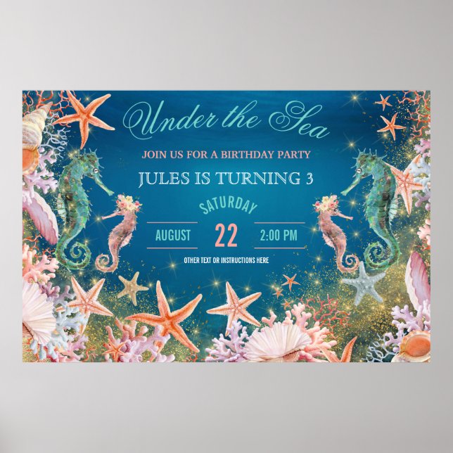 Poster Sous la mer Seahorse Seashells fête d'anniversaire (Devant)