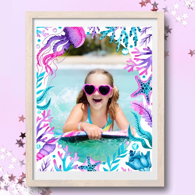 Poster Sous la mer Sirène aquarelle photo cadre (Under the Sea Mermaid Watercolor Frame Photo Poster)
